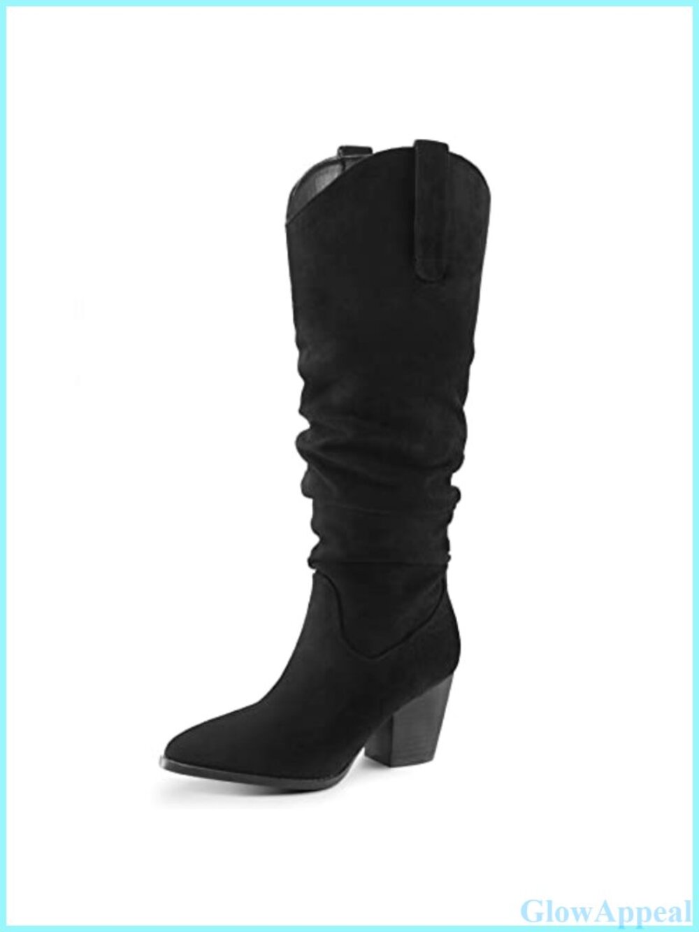 Faux Suede Slouchy Knee High Western Boots Pointed Toe Block Heel